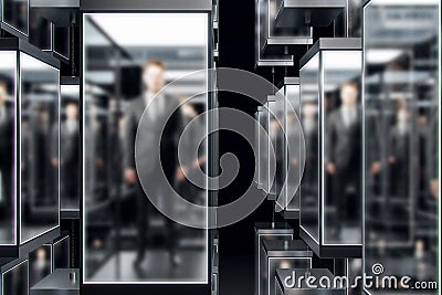 New robot generation concept with biorobots in suits inside transparent boxes on abstract dark background. 3D rendering Stock Photo
