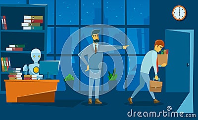 New robot on workplace and the boss fire the employee. Business people characters and signs in trendy style. Artificial Vector Illustration