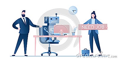 New robot on workplace. Happy businessman boss and unhappy female employee with board - need job Vector Illustration