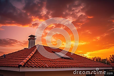 new roof with sunset in the background, showcasing beautiful sky Stock Photo