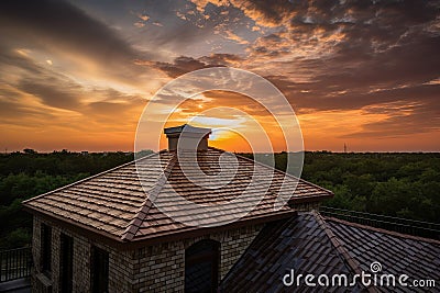 new roof with sunset in the background, showcasing beautiful sky Stock Photo