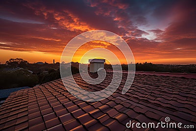 new roof with sunset in the background, showcasing beautiful sky Stock Photo