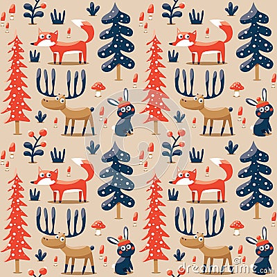 New seamless cute winter christmas pattern made with fox, rabbit, mushroom, bushes, plants, snow, tree Vector Illustration