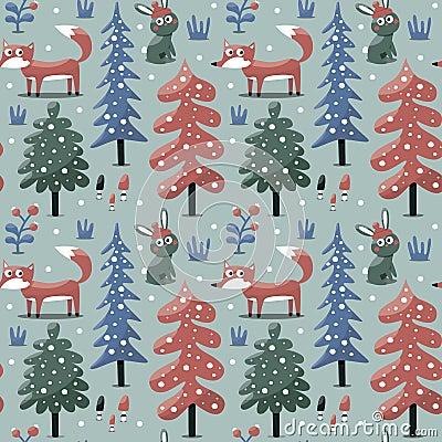 New seamless winter christmas pattern fox, rabbit, mushroom, plants, snow, tree Vector Illustration