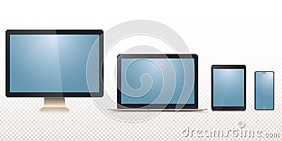 New set of monitor imac, laptop macbook. tablet ipad, smartphone iphone isolated on a transparancy background. Stock Photo