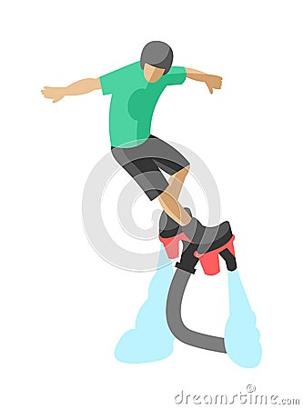 New spectacular extreme sport flyboard summer action splash active recreation man flat vector. Vector Illustration