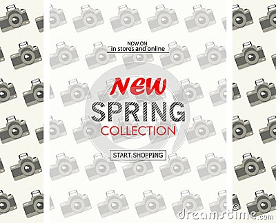 New spring collection sale banner. Background with cameras. Stock Photo