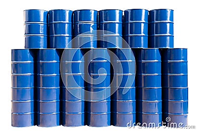New Steel Barrel, blue oil tank stack many drum in Toxic waste Stock Photo