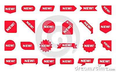 New sticker collection. Sale ribbons set. Red discount labels on white backdrop. Shopping tags. New arrival template Vector Illustration