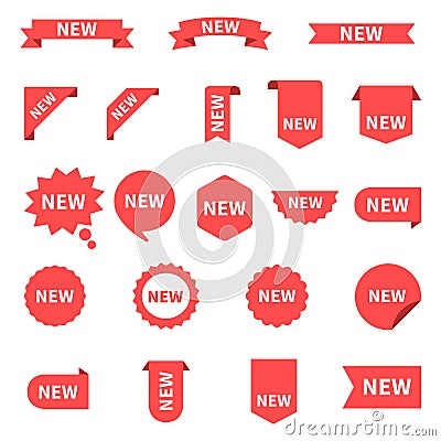 New sticker set labels. Product stickers with offer. New labels or sale posters and banners. Sticker icon with text. Red Vector Illustration