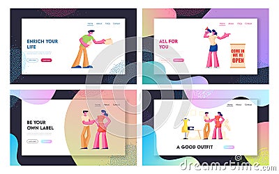 New Store Open Event Website Landing Page Set, Friendly Promoters Giving Invitation Flyers at Store Entrance for Inviting People Vector Illustration