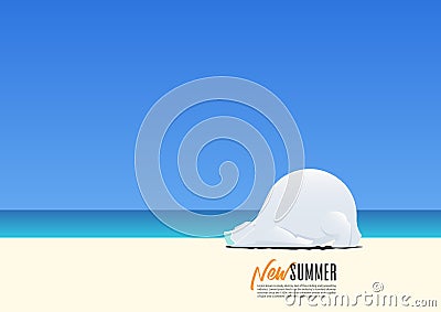 Polar Bear wearing mask walking on beach in new summer vacation concept. New normal travel after Corona Virus pandemic. Vector Illustration