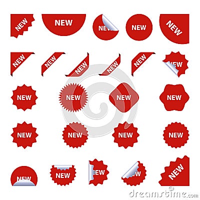 New tag red sign - concept stiker label set. Discount sale price tags labels stikers. Icons isolated. Flat design style. Icon set. Vector Illustration