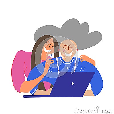 New technologies and the elderly. An adult daughter with an elderly mother at a laptop or a social worker with her ward. Vector Illustration