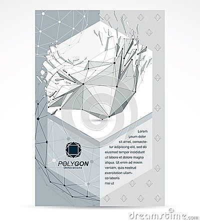 New technology theme booklet cover design, front page. Abstract asymmetric broken geometric 3d faceted black and white object, Vector Illustration