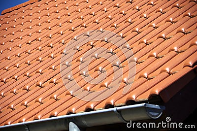 New tiled roof with sheet metal gutter and blue sky Stock Photo