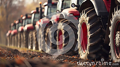 New tractor for sale. Row of options available. EOF. Stock Photo