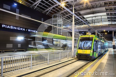 New tram line in tunnel in Poznan, Poland Editorial Stock Photo