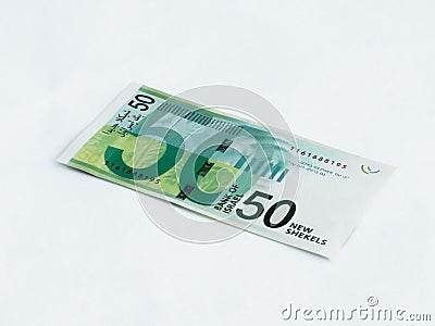 A new type of banknote worth 50 Israeli shekels isolated on a white background Stock Photo