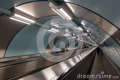 New underpass with 300 meter travelator under the Neva River at the subway station Sportivnaya was opened May 27, 2015 Editorial Stock Photo