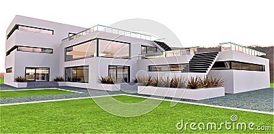 A new unique design of a country house in the style of modern Spanish minimalism on a cloudy day. White facade, concrete stairs, Stock Photo
