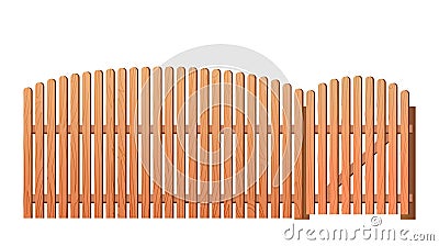 New unpainted wooden fence made of boards and picket fence. Isolated on white background Vector. Vector Illustration