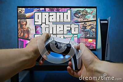 New upcoming Rockstar game GTA VI. Point of View playing Grand Theft Auto VI on Playstation 5 Editorial Stock Photo