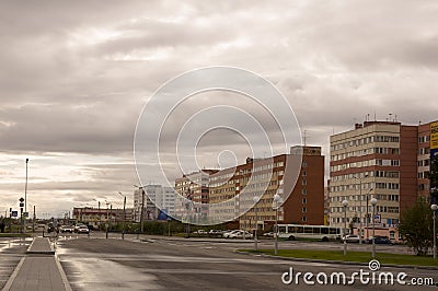 New Urengoy, YaNAO, North of Russia. September 1, 2013. Many-storeyed houses on the passage Of the Peoples of the North Editorial Stock Photo