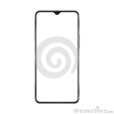 New version of black thin frame smartphone with small face camera and blank white screen. Realistic vector illustration. Vector Illustration