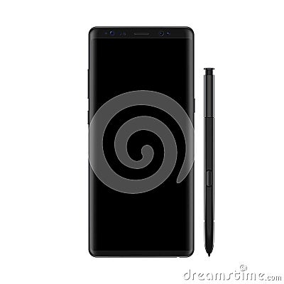 New version of modern vector note smartphone with full blackk screen. Frameless elegant display smartphone with stylus. Vector Illustration