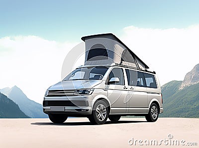 new Volkswagen Multivan California against the backdrop of a beautiful landscape in the mountains Stock Photo