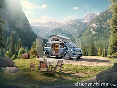 new Volkswagen Multivan California against the backdrop of a beautiful landscape in the mountains Stock Photo