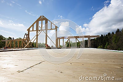 New wall of wooden house under construction Stock Photo