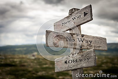 New way, no way, old way wooden signpost outdoors in nature. Stock Photo