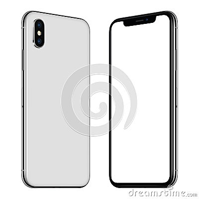 New white smartphone similar to iPhone X mockup front and back sides rotated and facing each other Stock Photo