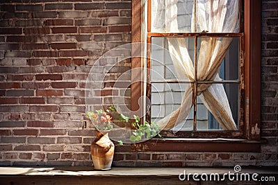 new window pane leaning against a brick wall Stock Photo