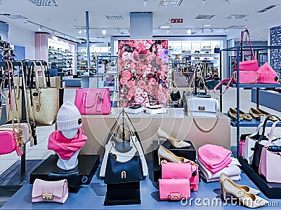 New women's clothing for the spring season fashion brands display in Stockmann shopping mall. Riga Editorial Stock Photo