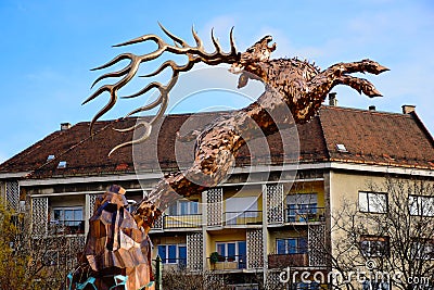 The wondrous deer statue in gold color. Budapest, Hungary. December, 2022. Editorial Stock Photo