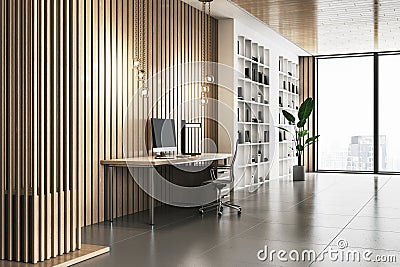 New wooden home office interior with windows and city view, decorative lamps, workplace and bookshelf. Stock Photo