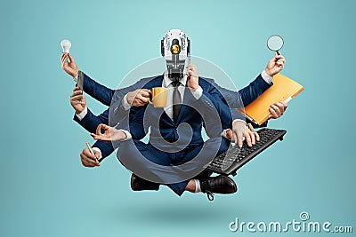 New workforce, Robot many hands in a suit, office worker. Robotics, speed, superiority, new normal, future, technology, modern Stock Photo