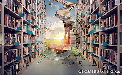 New hidden world behind the library. Books open the mind for imagination Stock Photo