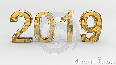 New year 2019. Amazing sci-fi futuristic brocken concept. Unusual gold 3d illustration Cartoon Illustration