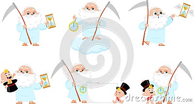 New Year Baby And Father Time Man Cartoon Characters. Vector Flat Design Collection Set Vector Illustration