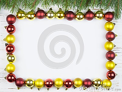 New Year background. Christmas square frame with fir tree, on rustic wood, copy space for text Stock Photo