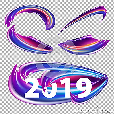 2019 New Year on the background of a colorful brushstroke oil or acrylic paint design element on transperent background. Vector il Cartoon Illustration