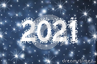 2021 new year background concept - white numbers decorated with snowflakes and snow on blue blurred background with snowflakes Stock Photo