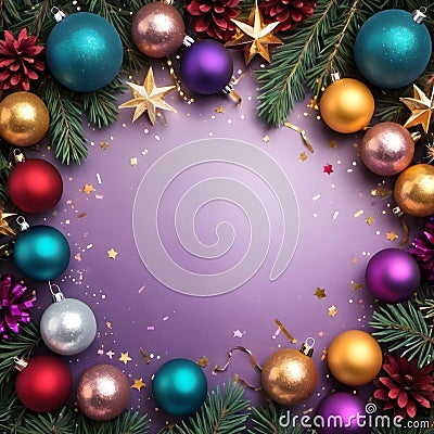 New Year background with garlands, Christmas balls, glitter, ribbons, confetti. Classic christmas colors. AI generated Stock Photo