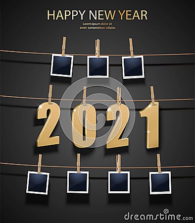 New Year background with golden 3d letters 2021 and photo frames hanging on the memory board. Celebration background Stock Photo