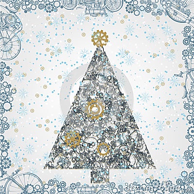 New Year background in Steampunk style - Christmas tree and snow Vector Illustration