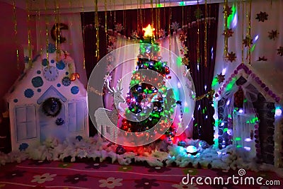 New Year background to take photo . Winter holiday concept, decorated Christmas tree in the interior of photography Stock Photo